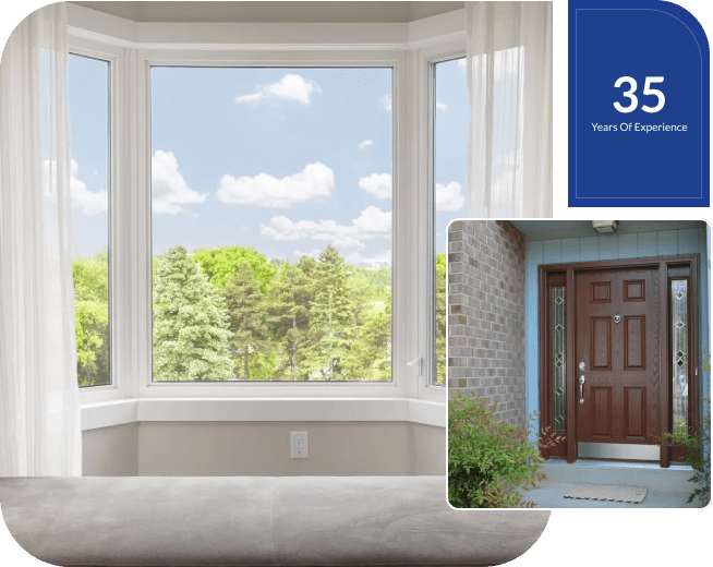Bay window and wooden front door design.