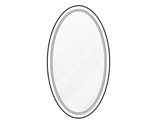A black and white striped oval mirror on a wall.