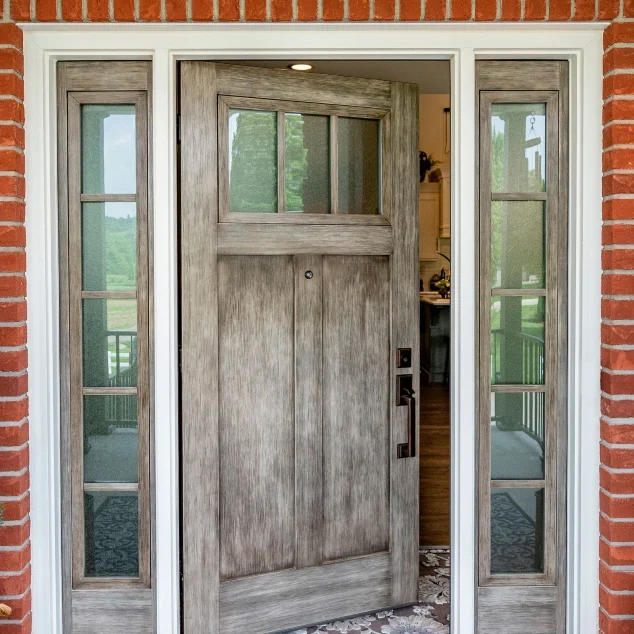 A door with two windows and one window open.