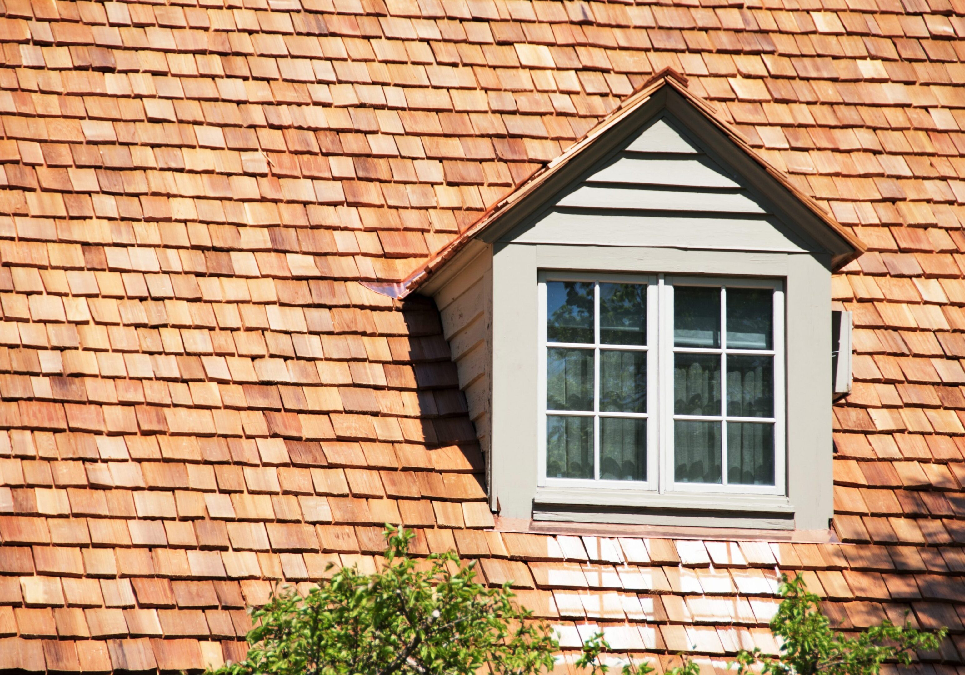 Cedar Dormer Cedar shingle roof with dormer window.